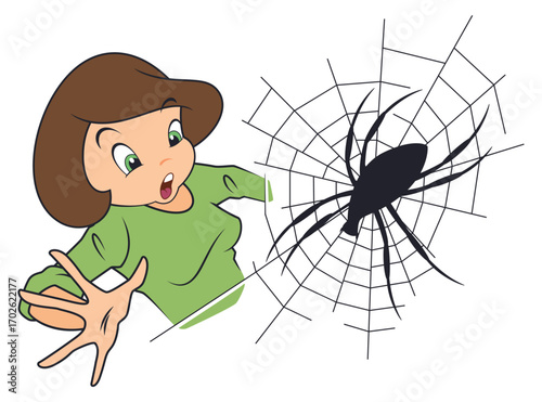 Woman afraid of spiders. Girl with arachnophobia.