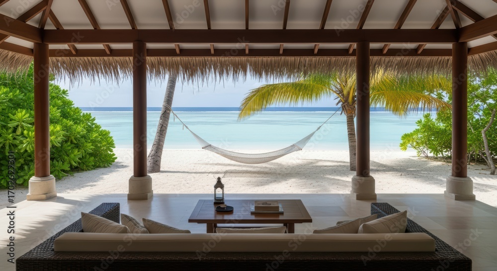 Fototapeta premium luxury beachfront resort patio with hammock and ocean vista
