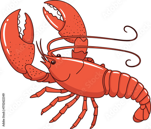Red lobster with claws and antennae, detailed marine animal clipart, seafood icon, vector illustration, isolated, cad drawing flat vector illustration