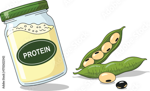 Soy protein supplement jar with soybean pods, plant-based nutrition concept, healthy food element, vector illustration, isolated clipart, cad drawing flat vector illustration