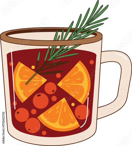 Warm spiced drink in transparent mug, mulled wine with garnish, festive beverage clipart, winter celebration, vector illustration, cozy mood, isolated design