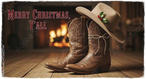 Rustic Country Christmas with Cowboy Boots and Hat by the Fireplace.
