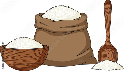 White rice in sack, bowl, and spoon, staple grain food clipart, kitchen ingredient element, vector illustration, isolated, cad drawing flat vector illustration
