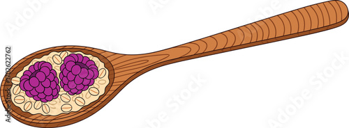Wooden spoon with oatmeal and raspberries, healthy breakfast food clipart, nutritious meal element, vector illustration, isolated, cad drawing flat vector illustration