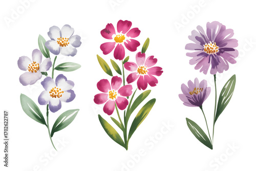 Pink and purple watercolor floral bouquet set for textile design.
