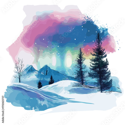 Northern Lights in Lapland. Northern Lights in Lapland watercolor vector illustration