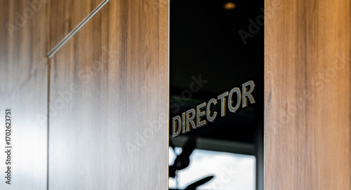 Director office door, business company leader, goal achievement, strong leader