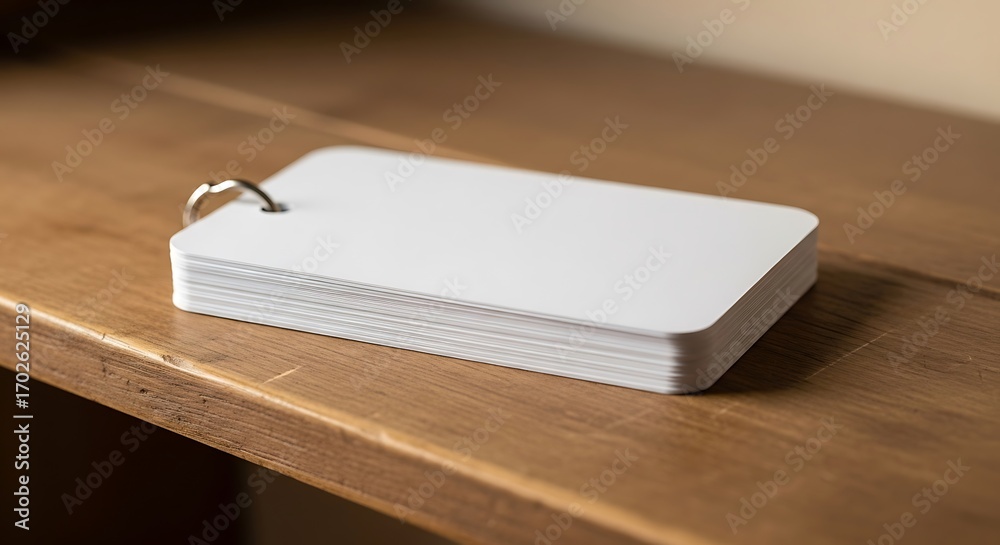 Fototapeta premium Stack of blank flashcards with metal ring on wooden surface texture