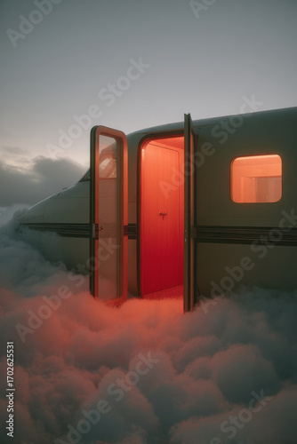 ultrabright airplane with open doors soaring through fluffy white clouds creates exhilarating bali vibe