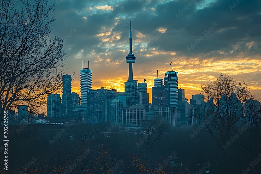 Naklejka premium Toronto Skyline CN Tower & Modern Buildings at Sunset with Dramatic Skyline View