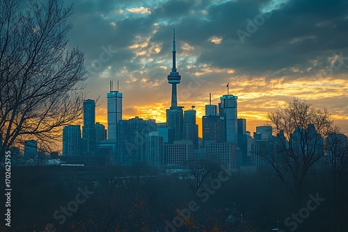 Wallpaper Mural Toronto Skyline CN Tower & Modern Buildings at Sunset with Dramatic Skyline View Torontodigital.ca