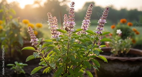 Sacred Holy Basil plant with purple blossoms in a garden at sunrise.