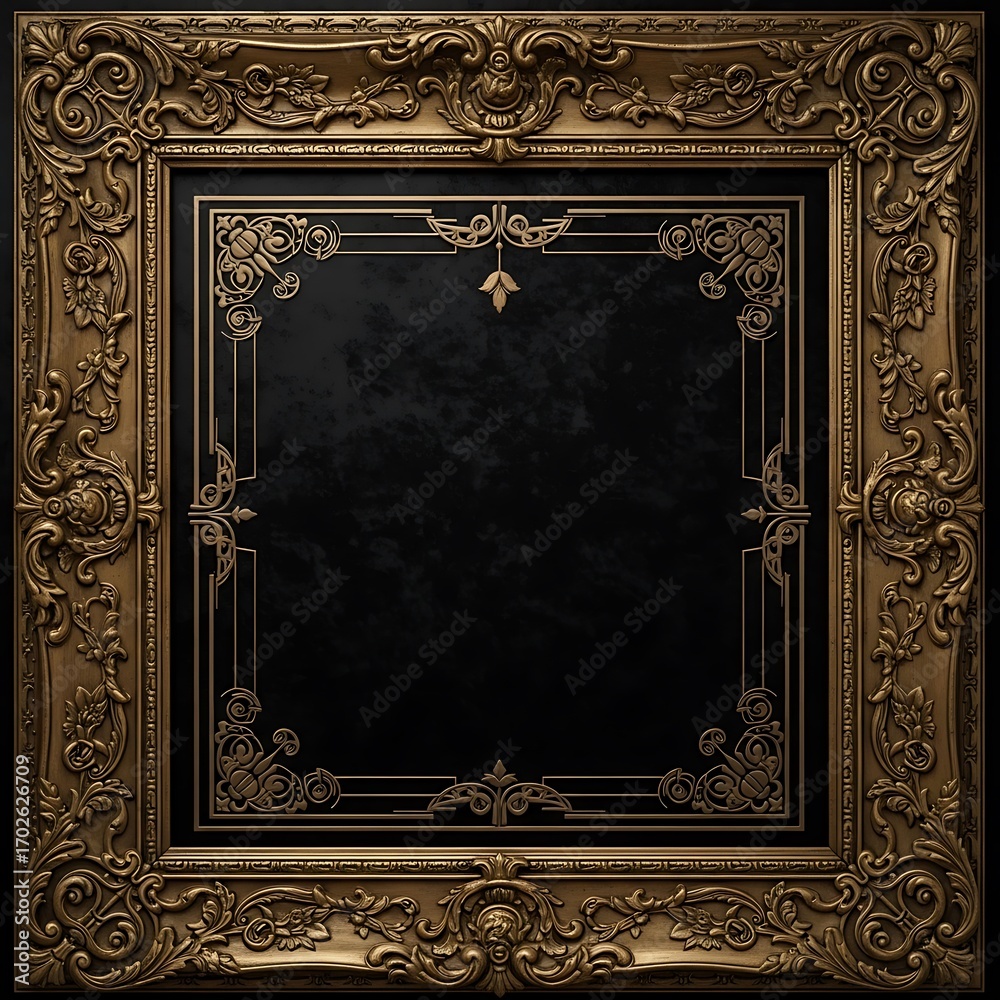 Obraz premium Ornate gold frame with intricate details, showcasing a dark background, creating a classic and elegant aesthetic.