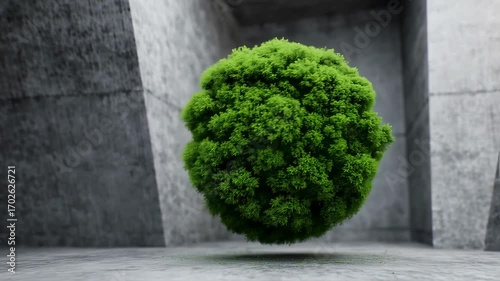 Floating moss sphere in a gray concrete space