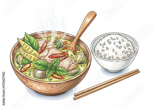 Appetizing hand-drawn illustration of traditional Thai green curry with chicken, served with a side of steamed rice on a white background