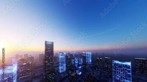 Futuristic city skyline at dawn
