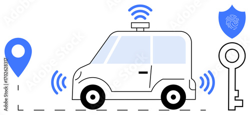 Modern car equipped with GPS, wireless signals, shield with fingerprint, and key, symbolizing connectivity, location tracking, automation, cybersecurity mobility technology advancements. Ideal