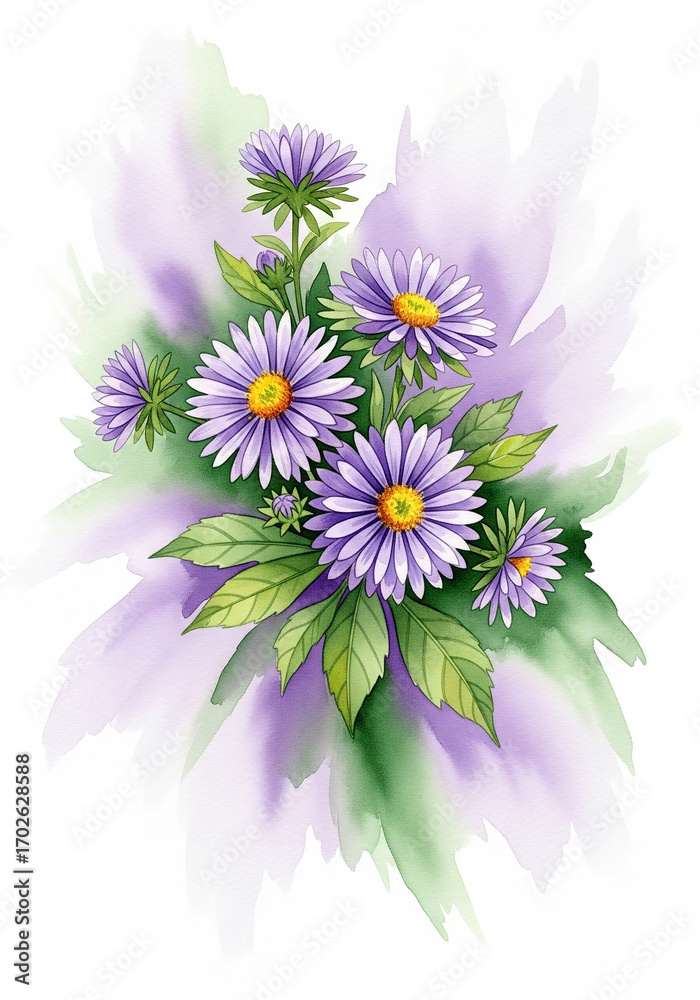 Obraz premium A beautiful watercolor illustration of a delicate bouquet of purple aster flowers with soft artistic washes of color