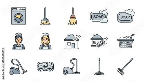 House Cleaning Vector Icons Set Collection of Home Chores and Cleaning Tools Symbols