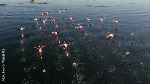 Flamingos seen by drone in the Mar Menor, Region of Murcia, in the golden morning light.