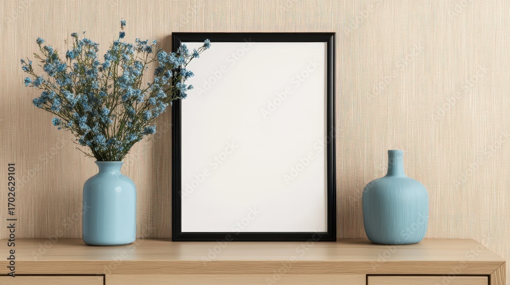 Obraz premium Empty frame and vase with dried flowers on a light wooden surface.