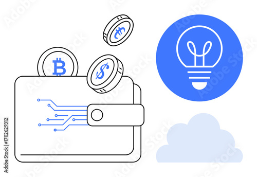 Digital wallet holding cryptocurrency coins thumbs up Bitcoin with a circuit design, lightbulb symbol for innovation, and a minimal cloud. Ideal for fintech, investment, cryptocurrency, blockchain