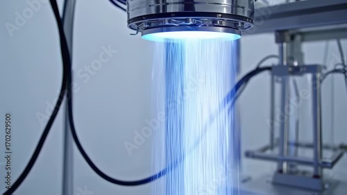 Metallic device spraying a bright blue mist