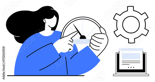 Woman controlling speedometer gauge, cogwheel suggesting configuration, and laptop screen for digital processes. Ideal for productivity, technology, optimization, efficiency, analytics, workflow