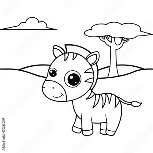 Stylized young zebra in savanna landscape illustration