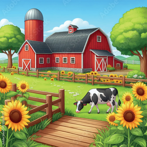 Ilustración de granja con vaca