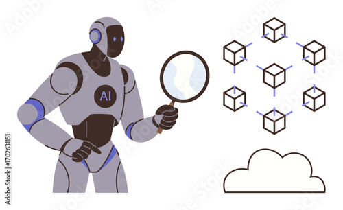 AI robot holding magnifying glass analyzing blockchain nodes connected in a network beside cloud storage. Ideal for technology, artificial intelligence, blockchain, data security, innovation, digital