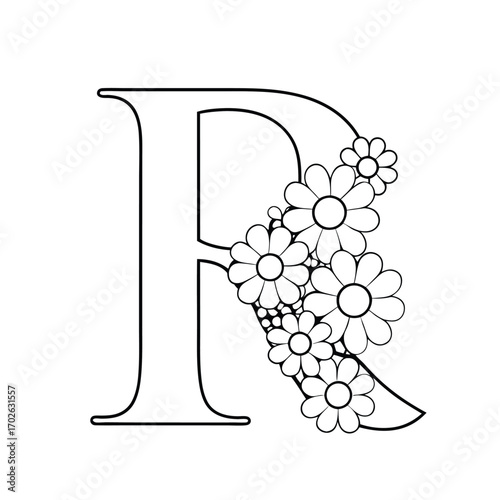 Bold letter R adorned with delicate flowers uppercase