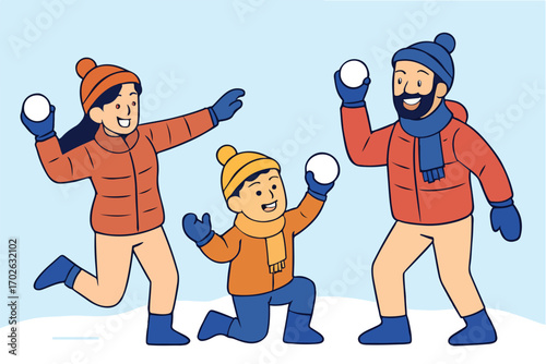 vector illustration of a family enjoying snow fight