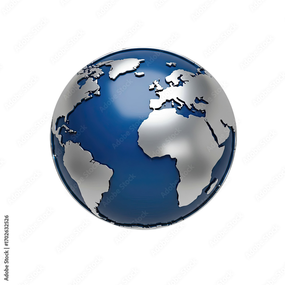 Fototapeta premium Sleek Metallic Blue Globe with Silver Continents on a Soft Gray Background, Ideal for Global Business Concepts, 3D Render, Transparent Background