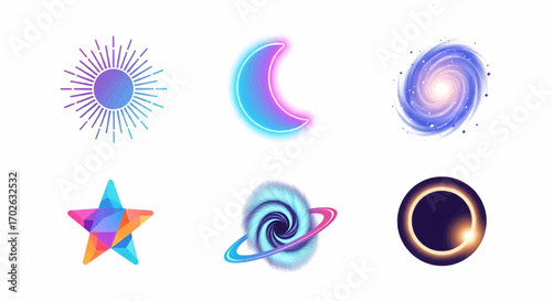 Colorful celestial icon set including star, moon, planet, sun, and cosmic objects for astrology and space inspired design projects.