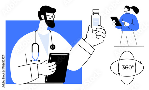 Doctor with stethoscope holding digital tablet and medicine vial. Woman analyzing data on tablet. Rotational diagram. Ideal for telemedicine, healthcare apps, education, technology, analysis, medical