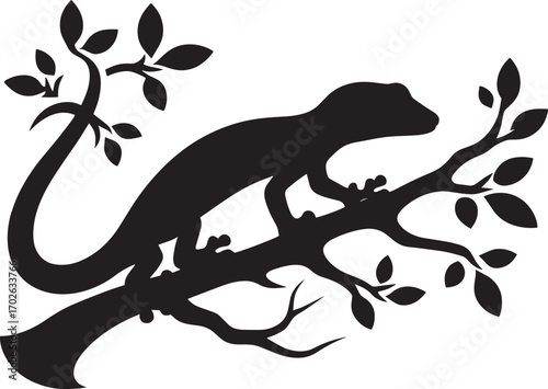 Silhouette of a gecko clinging to a branch with leaves against a white backdrop