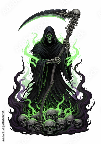 Dark cloaked figure with glowing green aura and scythe, mysterious and dramatic fantasy grim figure illustration.