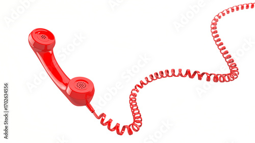  Red telephone receiver on white background. Long telephone cable. Levitation. Copy space. 3d render. Illustration.