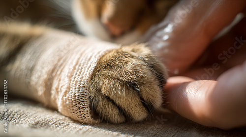 A close-up shot of a cat's paw being carefully bandaged by a veterinarian's hands, with focus on the detail of the bandage wrap.
