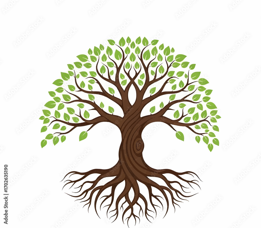 Obraz premium Detailed tree of life illustration with sprawling roots and branches symbolizing nature, growth, and balance in earthy tones.