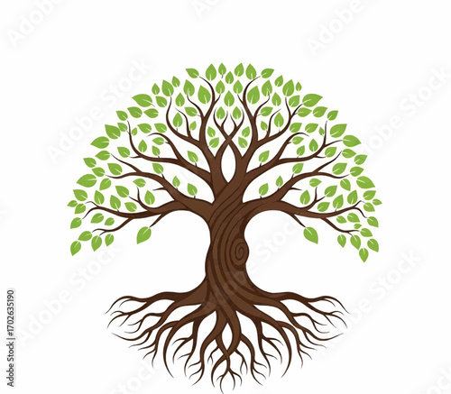 Detailed tree of life illustration with sprawling roots and branches symbolizing nature, growth, and balance in earthy tones.