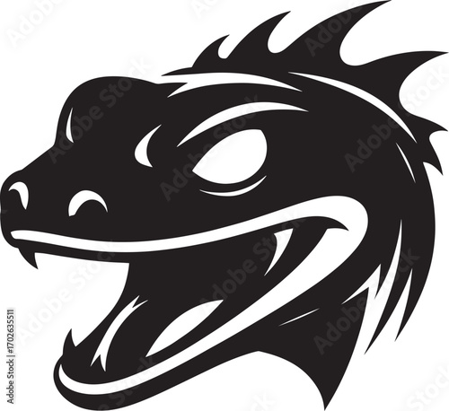 Fierce black silhouette of a gecko head with open mouth and sharp teeth ready to strike