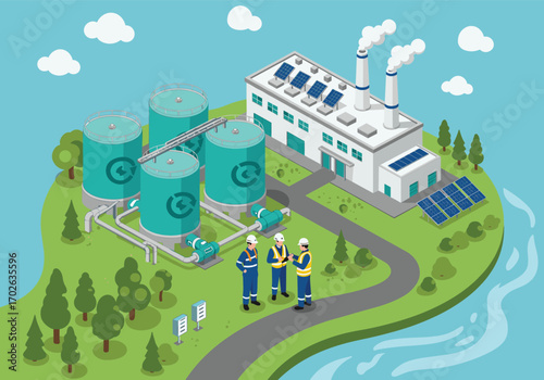 Eco-friendly water treatment plant with solar panels, recycling tanks, engineers, clean energy factory, sustainable water facility, vector illustration