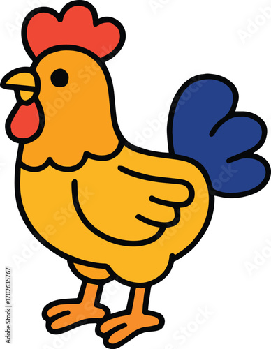 Cute cartoon chicken standing proudly with blue tail silhouette white background