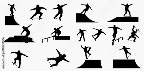 Dynamic black silhouettes of skateboarders executing diverse tricks and stunts on skateboards, ramps, and rails.