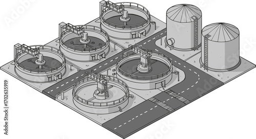 Isometric black and white illustration of wastewater treatment plant, sedimentation tanks, clarifiers, storage silos, industrial facility vector drawing