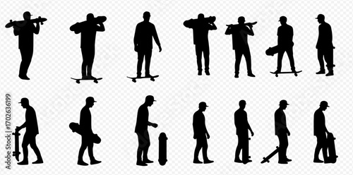 A diverse collection of black silhouettes depicting male figures engaged in various skateboarding activities, including carrying, riding, and standing with their boards.