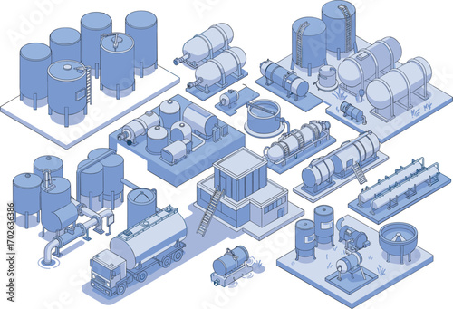 Isometric industrial water treatment and filtration systems, tanks, pipes, machinery, transport trucks, blue line vector set illustration