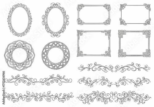 Elegant decorative frame set with vintage ornamental borders and floral swirl designs for invitations, certificates, and greeting cards.